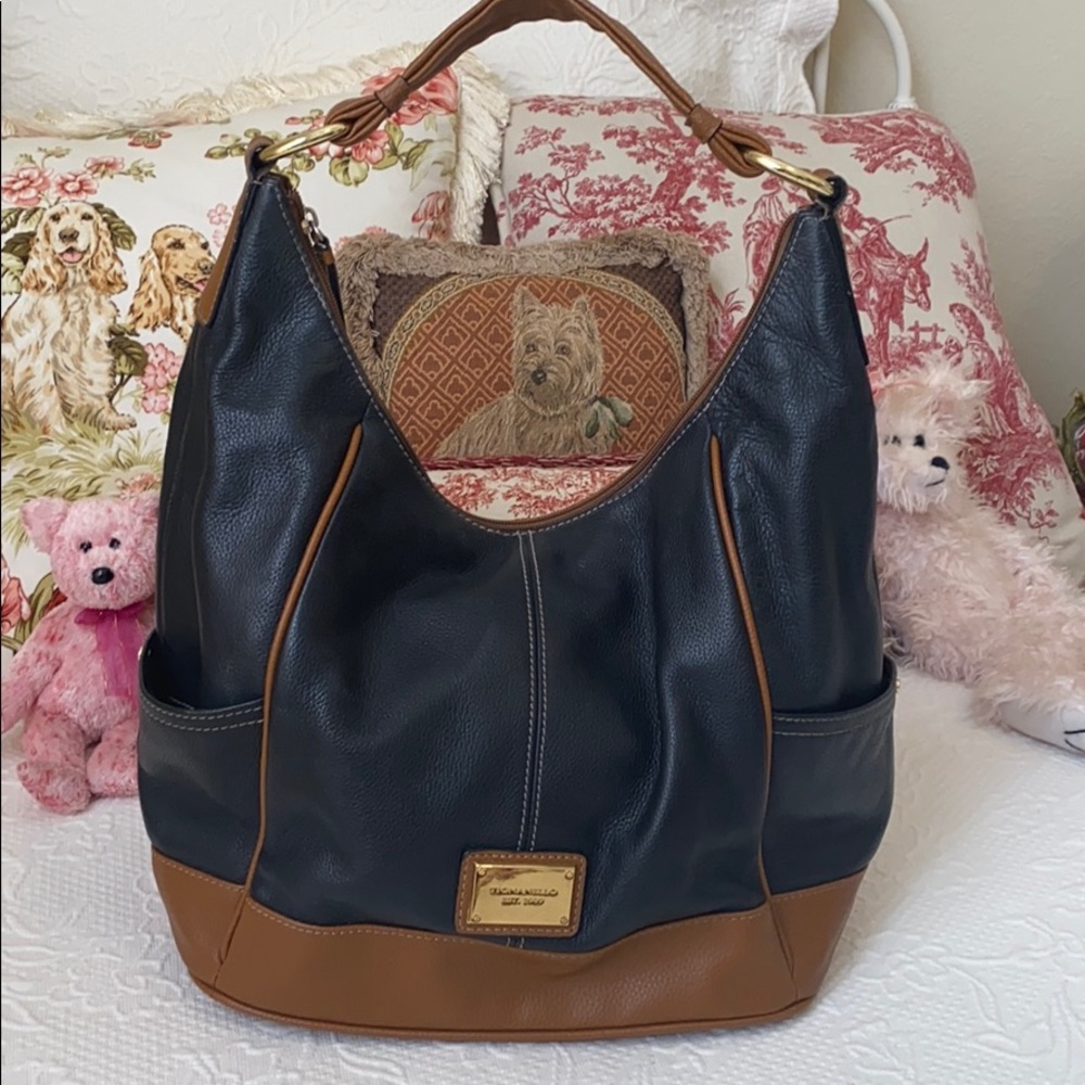 Tignanello Black and Tan Leather Hobo Shoulder Bag